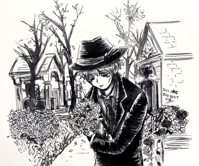 #inktober #inktober2022 
#オルフェさんと綴るペン画の旅

DAY 6.BOUQUET.
花束。

寂しい季節も君に花が寄り添ってくれますように。 