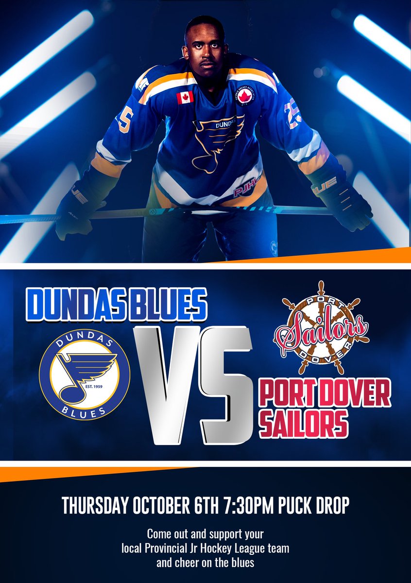 DundasBlues's tweet photo. Come out tomorrow to catch some fast pace Jr hockey. Your hometown Dundas Blues have the Sailors coming to town. Time to sink the ship 🚢 https://t.co/GfC3ofJkoe