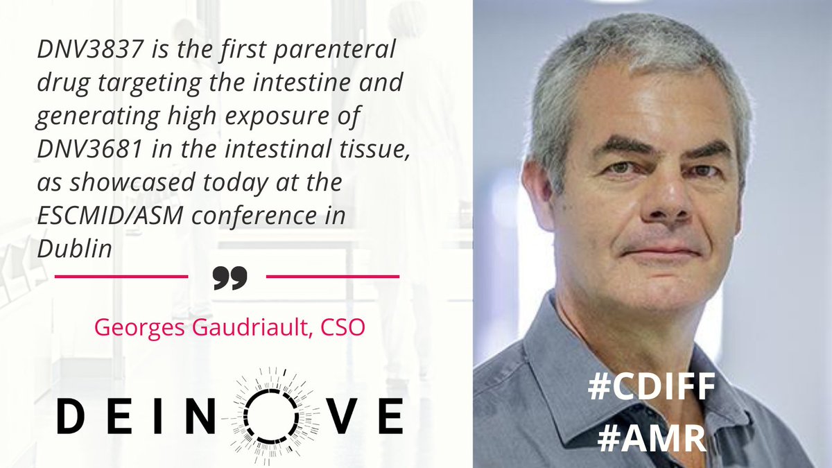 Deinove's tweet photo. .@Deinove presented data on #DNV3837 at the ESCMID/ASM conference in Dublin: 
New key #preclinical results and a case study excerpted from our ongoing phase II #clinicaltrial 
The use of DNV3837 is a potential paradigm shift for #CDiffInfection treatment
https://t.co/thhg4vMvCC https://t.co/POrBMvHcpY