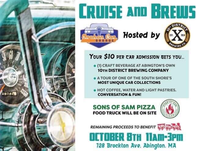 Join us &amp; Orphan Car Garage this Saturday for Cruise and Brews. Just $10 to enter your car for show, or come &amp; browse the South Shore’s most unique cars for free. Sons of Sam Pizza will be onsite w/their fresh from the oven pizzas. #carshow #cruiseandbrews