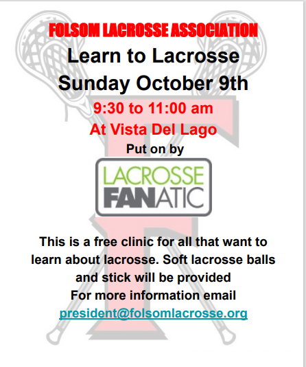 FolsomLAX's tweet photo. Second Learn to Lacrosse this Sunday 9:30 am at Vista Del Lago High School  @lacrossefanatic @laxfanjt https://t.co/RmxeNsrl9a