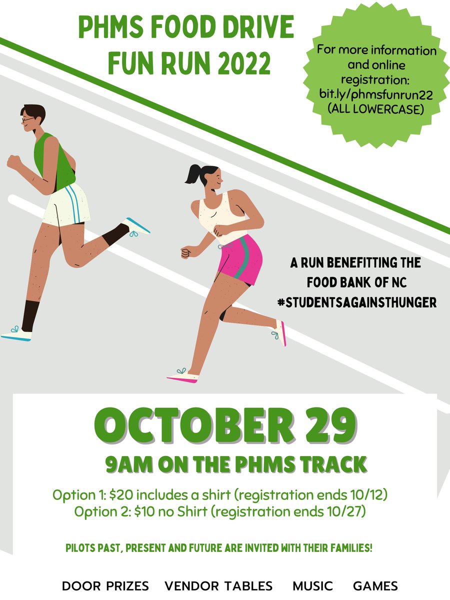 Past, present and future #PHMSPilots, don't forget to sign up for the PHMS Food Drive Fun Run! Bit.ly/phmsfunrun22 #StudentsAgainstHunger @SycamoreCreekES @BrierCreekES @PleasantUnionYR