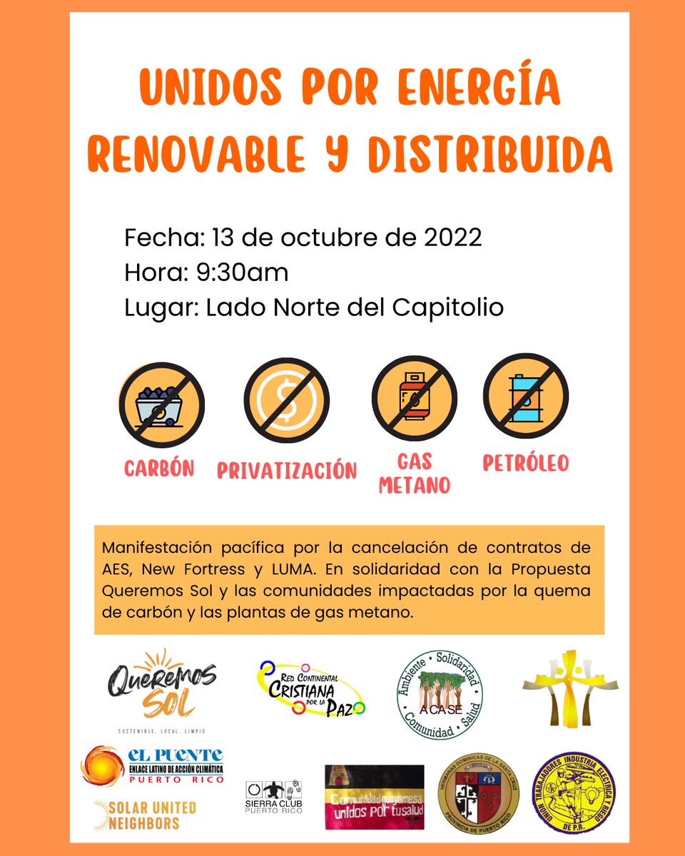 ElPuenteElac's tweet photo. ¡𝗠𝗮𝗻𝗶𝗳𝗶𝗲́𝘀𝘁𝗮𝘁𝗲! ¡𝗨́𝗻𝗲𝘁𝗲 𝗮 𝗻𝗼𝘀𝗼𝘁𝗿𝘅𝘀! ✊ 

Unidos por energía renovable y distribuida
🗓️ Jueves, 13 de octubre
🕓 9:30 a.m.
📍 Lado Norte del Capitolio

#FueraLuma #QueremosSol #ElPuentePR #Justiciaclimática https://t.co/FLzpJCnsN7