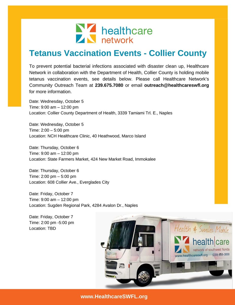 healthcareswfl's tweet photo. Our Community Outreach Team and DOH-Collier are out in the community providing #Tetanus vaccines to help prevent possible infections associated with #disastercleanup. Please see the last image for future #vaccination events. Questions? Call 239.675.7080. https://t.co/kZ5v8a0wPa