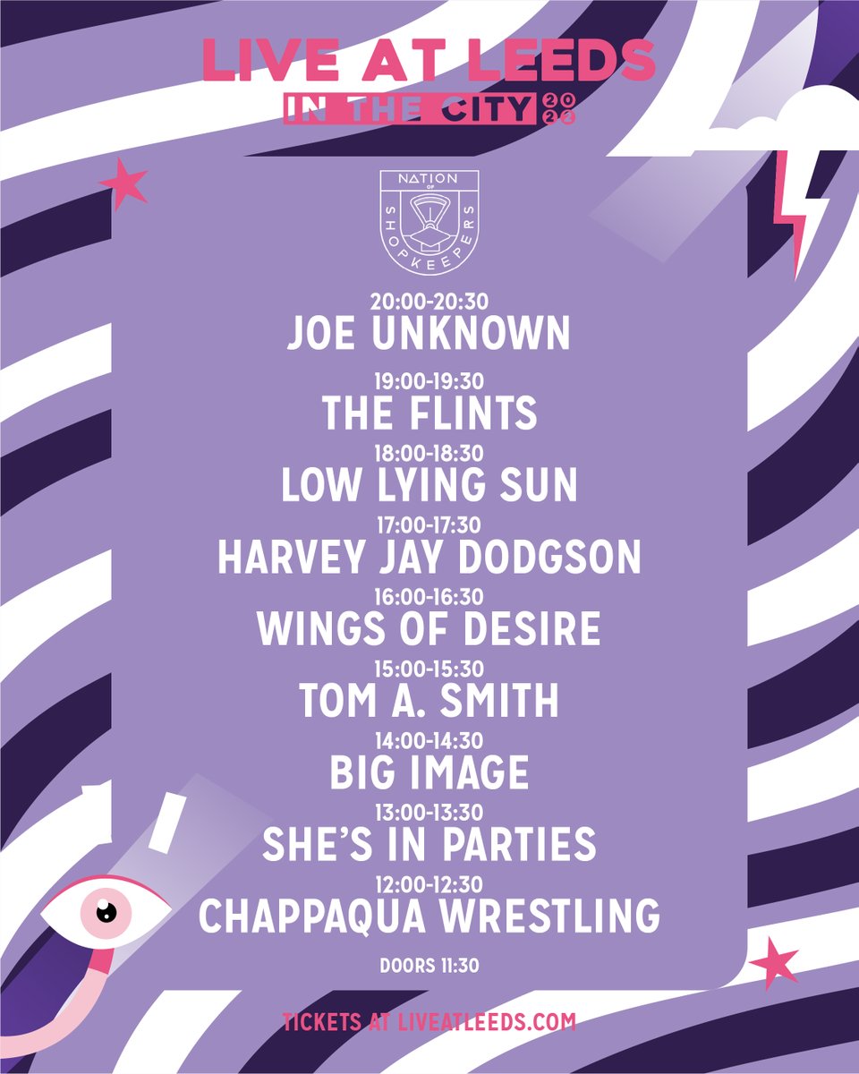 Live at Leeds (@liveatleedsfest) on Twitter photo Here is the stage line up for Nation of Shopkeepers, you're in for a real treat with sets from @chappwrestling, She’s In Parties, <a href="/bigimage/">BIG IMAGE</a>, <a href="/tomasmithmusic/">TOM A SMITH</a>, <a href="/wingsofdesir3/">Wings of Desire</a>, <a href="/harveyjdodgson/">Harvey Jay Dodgson</a>, @lowlyingson, <a href="/theflintsmusic/">The Flints</a> and joe unknown💥
🎟 liveatleeds.com Here is the stage line up for Nation of Shopkeepers, you're in for a real treat with sets from @chappwrestling, She’s In Parties, <a href="/bigimage/">BIG IMAGE</a>, <a href="/tomasmithmusic/">TOM A SMITH</a>, <a href="/wingsofdesir3/">Wings of Desire</a>, <a href="/harveyjdodgson/">Harvey Jay Dodgson</a>, @lowlyingson, <a href="/theflintsmusic/">The Flints</a> and joe unknown💥
🎟 liveatleeds.com