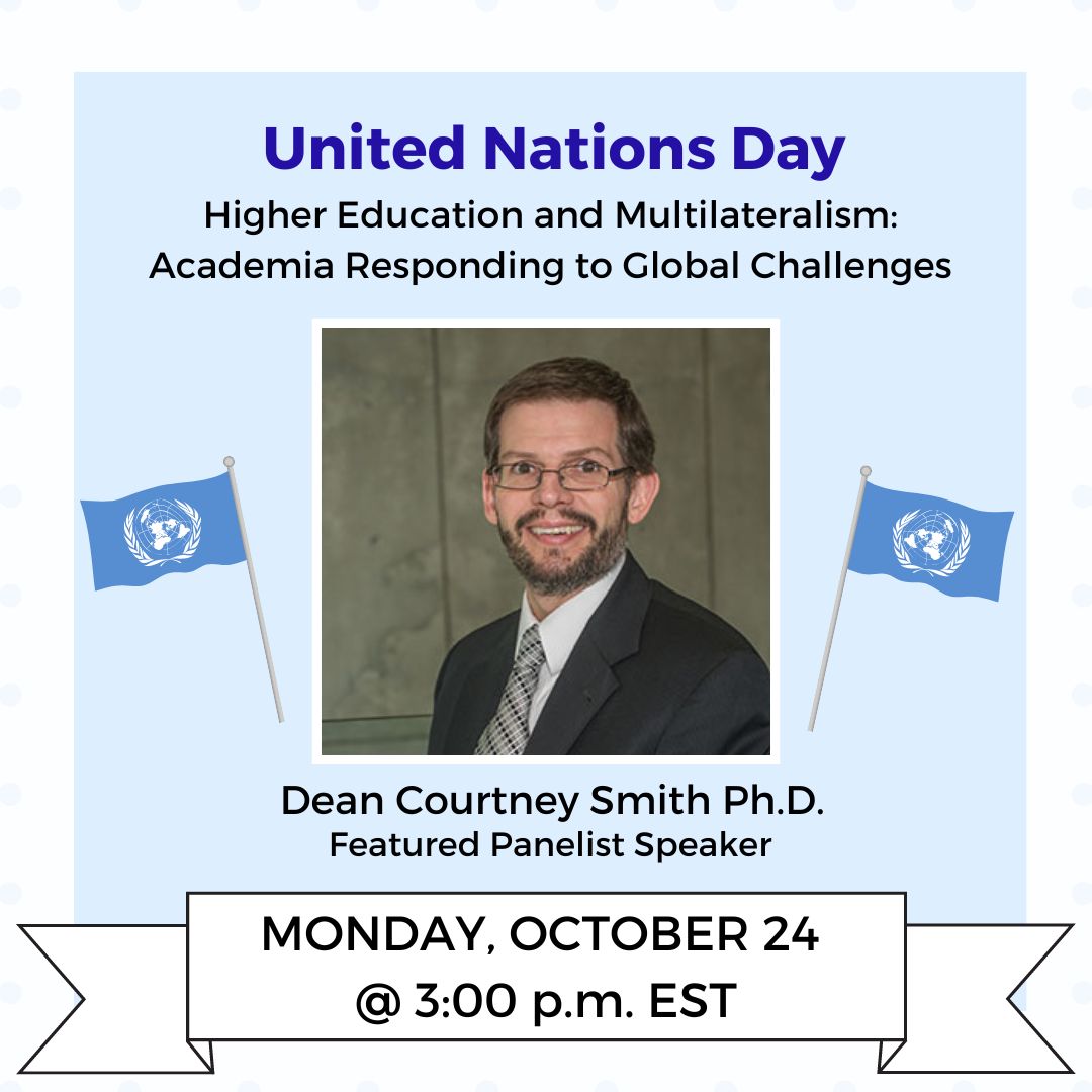 SHU_UN_Studies's tweet photo. School of Diplomacy and International Relations’ Dean Courtney Smith, Ph.D. will be featured at the United Nations Day Higher Education and Multilateralism Panel
Webinar Details: Monday, October 24, 2022, from 3:00 - 4:30 p.m. EST. 
#shu #schoolofdiplomacy #un #unday #unstudies https://t.co/8vTFD3foL9