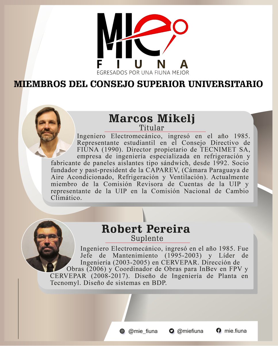 Te presentamos a nuestros candidatos al Consejo Superior Universitario (CSU). Un equipo conformado con excelentes personas.

Estamos convencidos de que el cambio es posible, y vamos a seguir buscándolo sin doblegar nuestros ideales!

#miefiuna #mie #fiuna #una
