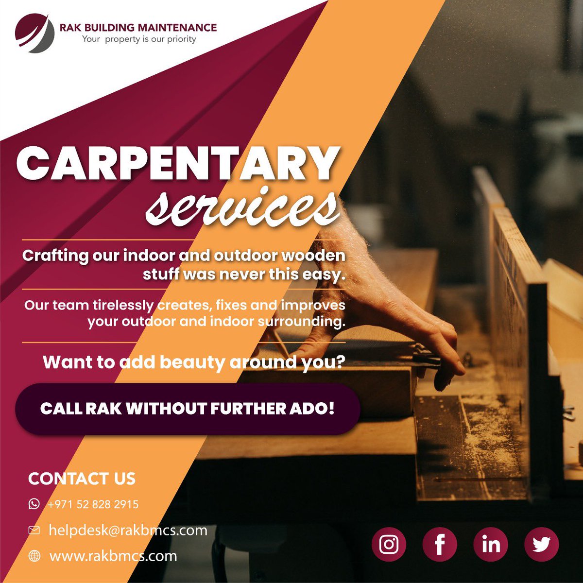 rakbmcs's tweet photo. Looking for carpentry services? 
We're here to provide you with incomparable, hassle-free, and high-quality carpentry services. Whatever service is required, small or big, we’ve got you!
Just book your services and get an expert at your doorsteps right away!

#rakbmcs https://t.co/Pbax9ewN7G