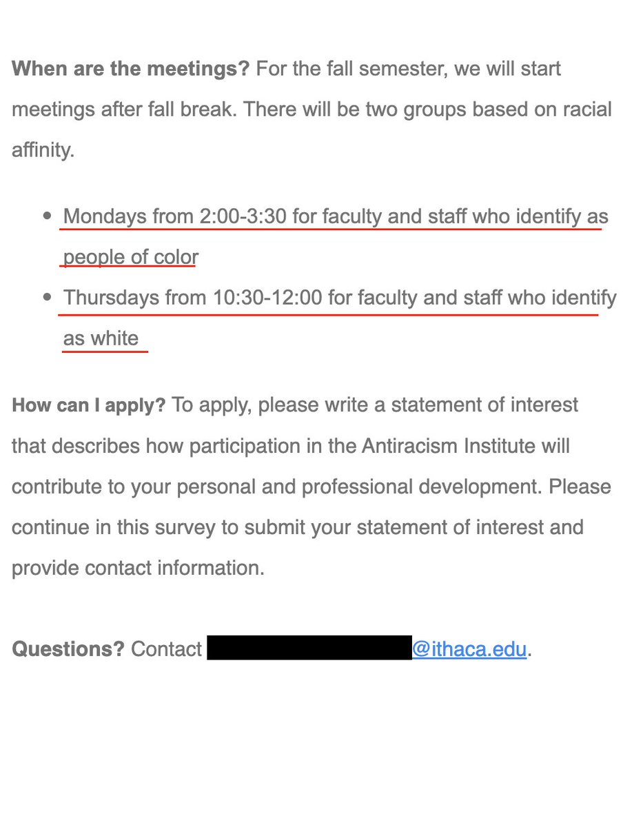 SCOOP: Ithaca College is offering a racially-segregated "antiracism" program, with separate sessions for whites and minorities. 

"Because Ithaca College is a predominantly white institution, much of the Institute's work is focused on unpacking the impact of centering whiteness."