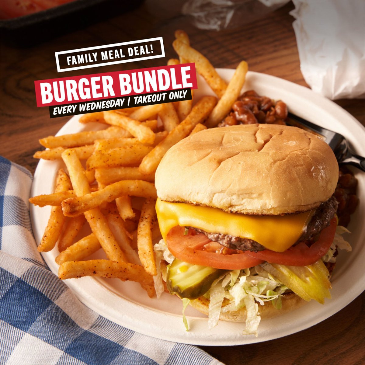 We're serving up Family Meal Deals every Wednesday and Thursday during The Big Three-O! And on Wednesdays, we eat burgers. Our Burger Bundle includes four 1/4lb. cheeseburgers served with lettuce, tomatoes, pickles and two large sides of your choice.