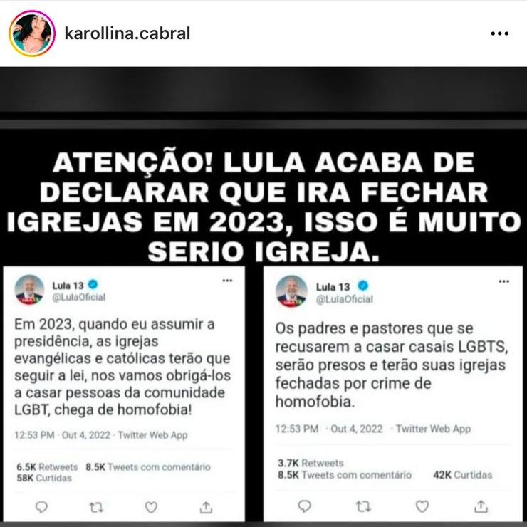 poptime's tweet image. É FAKE! Bolsonaristas estão espalhando FALSAS publicações de Lula, afirmando que ele irá fechar as igrejas e obrigar a todos a casarem com pessoas LGBTQ+. #Eleicoes2022