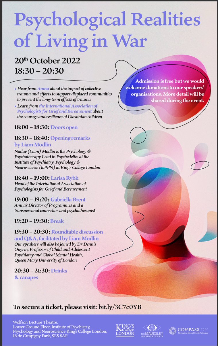 MPS_Psychedelic's tweet photo. Our regular, in-person, events programme is back! 

The first event 'Psychological Realities of Living in War' will take place on the 20th of October. The event is free to attend, with donations recommended. Hope to see you there! 😊 

Tickets: https://t.co/5Qxpt2EgZj https://t.co/pEHWWCP4CX