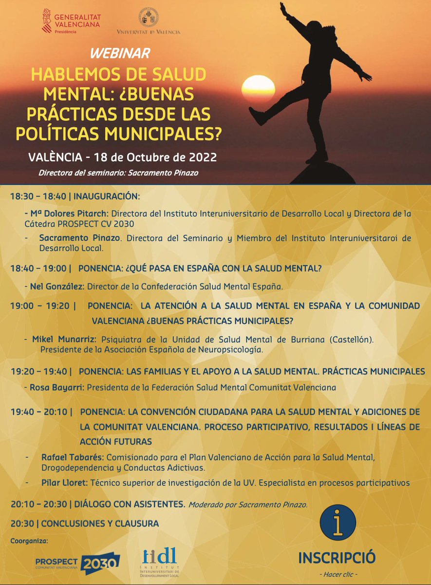 prospectcv2030's tweet photo. 🗓️18 d'Octubre de 2022
⏰18:30
💻Webinar: PARLANT DE SALUT MENTAL: ¿BONES PRÀCTIQUES DES DE LES POLÍTIQUES MUNICIPALS?
🔗Inscripció: https://t.co/5fVuL6aQge 
#SaludMental #salutmental @iidlValencia @generalitat @UV_EG https://t.co/Yc2ZHuyjv2
