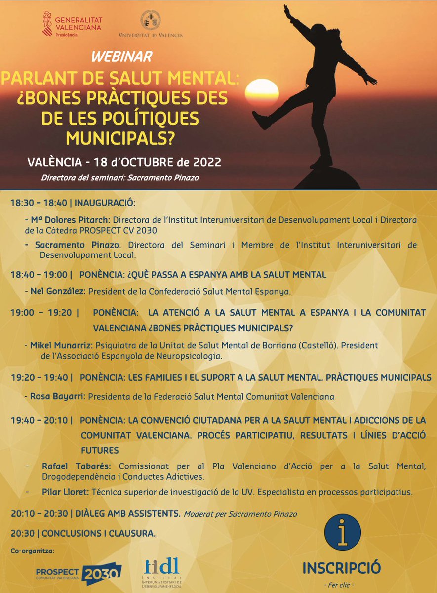 prospectcv2030's tweet photo. 🗓️18 d'Octubre de 2022
⏰18:30
💻Webinar: PARLANT DE SALUT MENTAL: ¿BONES PRÀCTIQUES DES DE LES POLÍTIQUES MUNICIPALS?
🔗Inscripció: https://t.co/5fVuL6aQge 
#SaludMental #salutmental @iidlValencia @generalitat @UV_EG https://t.co/Yc2ZHuyjv2