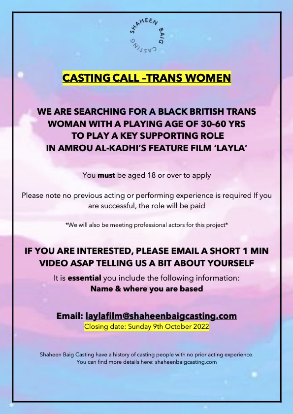 New #castingcall! 🚨✨

Very exciting feature with Amrou Al-Kadhi at the helm.
Please share!

#casting #transcasting #transwomen #transwomenarewomen #lgbtqia #castingcall #ukcasting