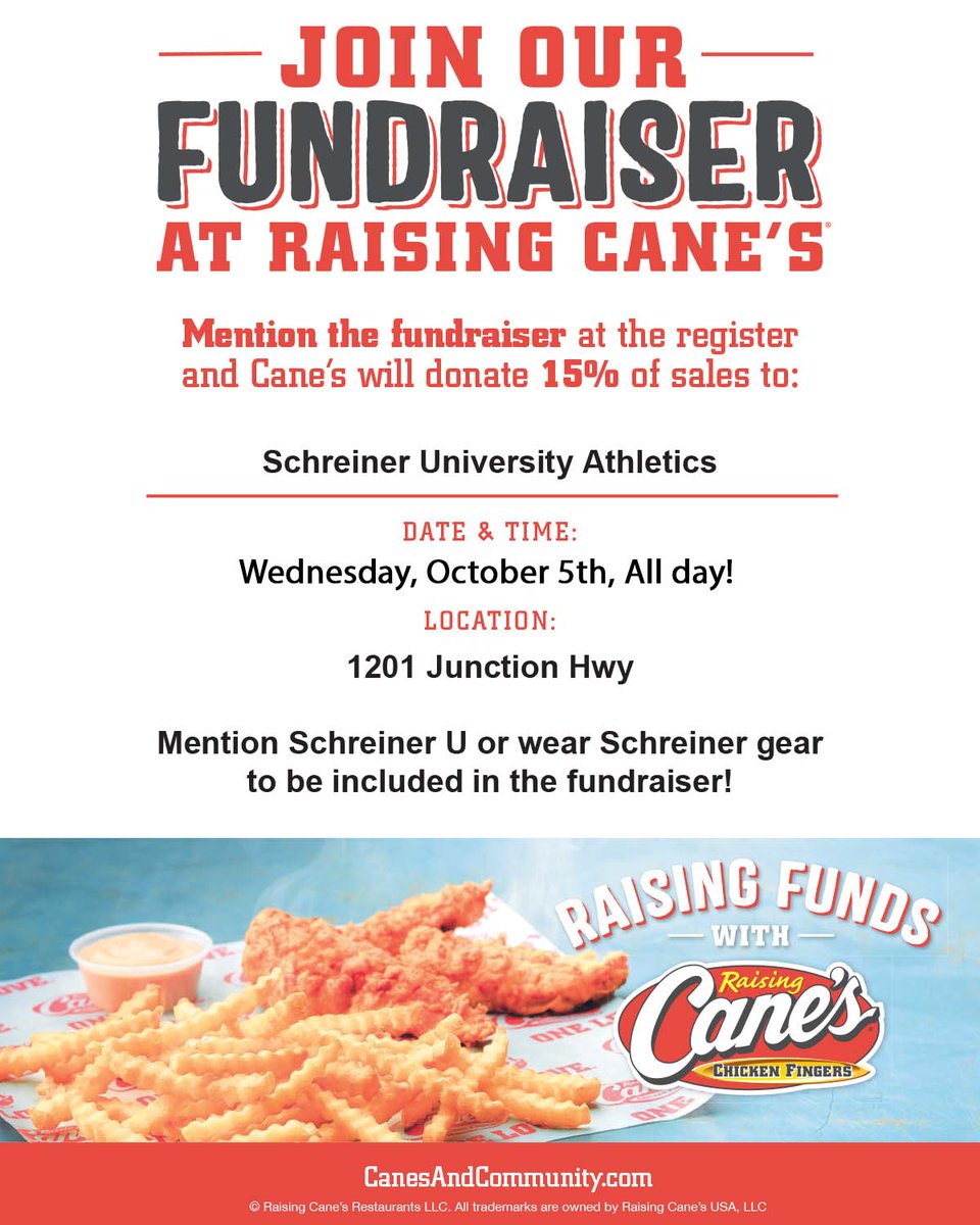 SUMountaineers's tweet photo. RAISING FUNDS WITH RAISING CANE'S 🐔
When: Today!
Where: Raising Cane's (Kerrville) - 1201 Junction Hwy
Why: To support Schreiner Athletics! https://t.co/z9qzBq3udC