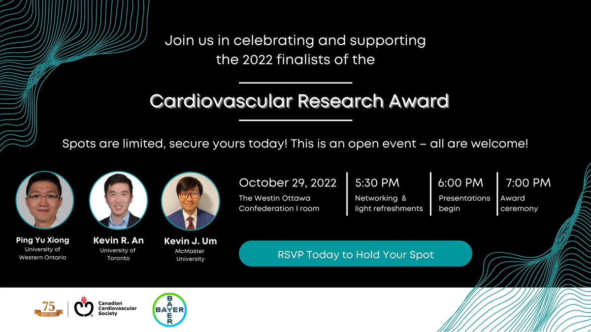 🎉 Join us in celebrating the finalists of the 2022 CCS-Bayer Cardiovascular Research Award: Ping Yu Xiong, Kevin R. An and Kevin J. Um! Register today for our networking + live competition event during #CCCongress, on October 29 beginning at 5:30 pm EDT. ow.ly/B1u750L13kF