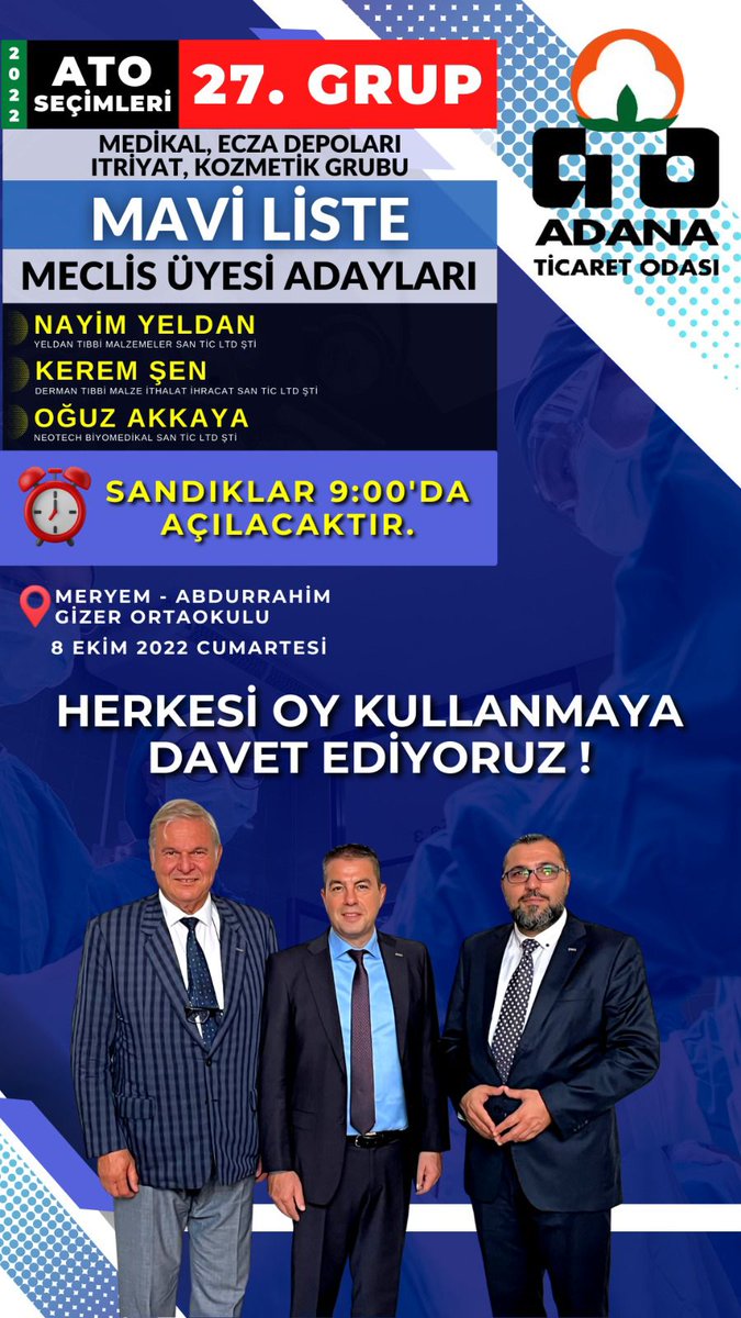 Mavi Listeyi desteklemek için 08.10.2022 de Meryem-Abdurrahim Gizer Ortaokulunda olacağız. <a href="/CCumed/">ÇUKUROVA MEDİKALCİLER DERNEĞİ ( CUMED )</a> <a href="/OuzAkkaya9/">Oğuz Akkaya</a> @bethunter74 <a href="/gulayeroll/">Gülay Ünlüer</a> <a href="/AliYILM82368492/">01 Ali</a> <a href="/canergozutok1/">cnrgztk</a>