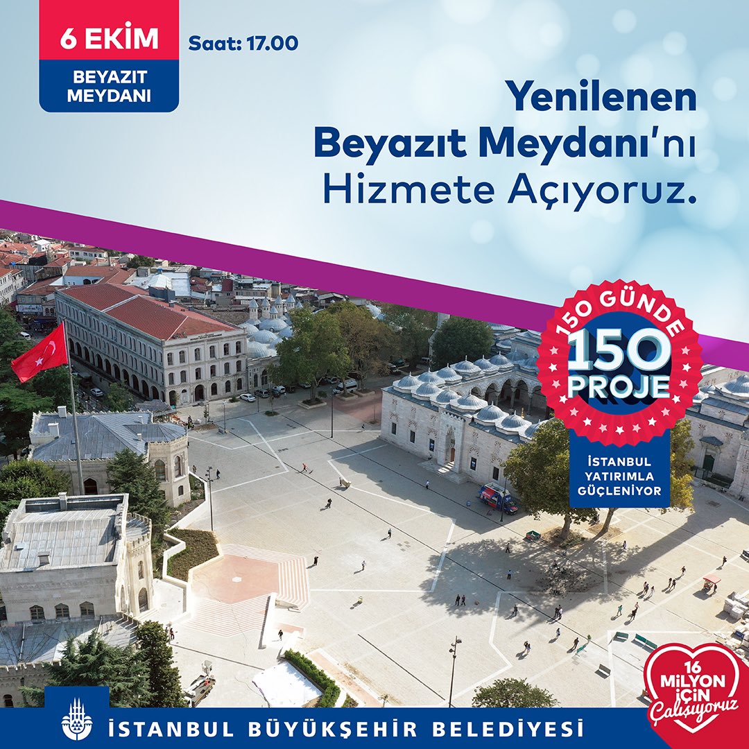 Tarihi Beyazıt Meydanı’nı özgün kimliğine dönüştürdük, hizmete açıyoruz.

🕰️6 Ekim Perşembe | 17.00
📍Beyazıt Meydanı

#150Günde150Proje 

150gun150proje.ibb.istanbul