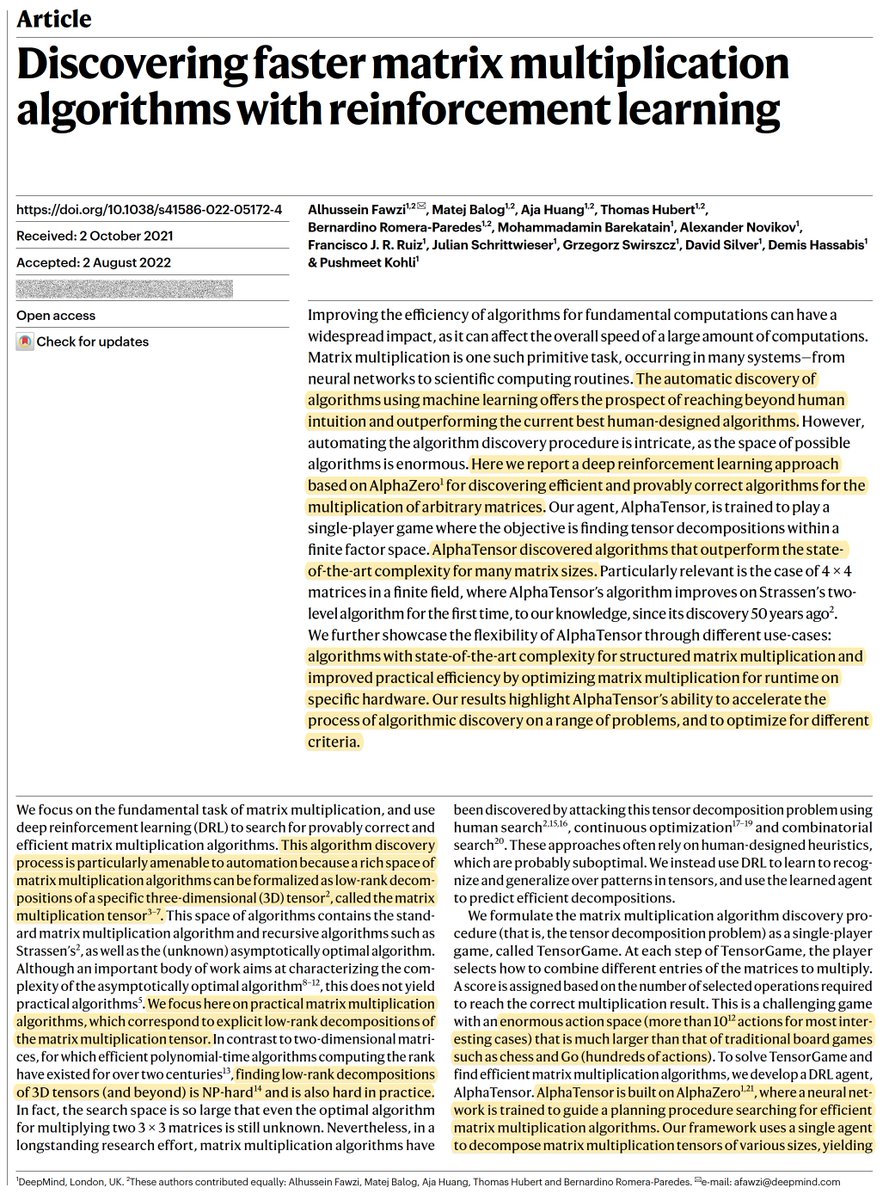 You know #AlphaFold for predicting protein structure. Now there's #AlphaTensor with automated discovery of novel and efficient algorithms #AI <a href="/Nature/">nature</a> 
nature.com/articles/s4158…
deepmind.com/blog/discoveri…