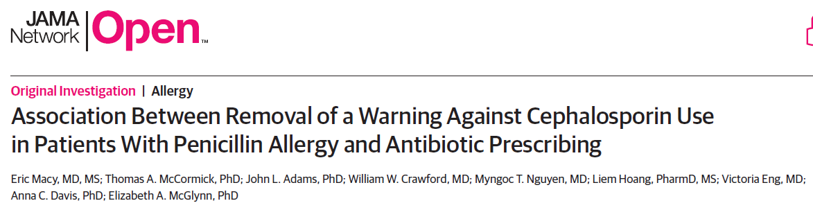 Would you give ANY ceph to ANY pen allergic pt?

5⃣ years ago, Kaiser Perm South removed ALL EHR WARNINGS to avoid cephs in pen allergic pts. 

- ⬆️ cephalosporins prescribed
-  🟰 reactions reported
BAM!

doi:10.1001/jamanetworkopen.2021.8367