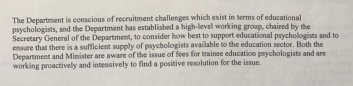 This is a worrying response from <a href="/Education_Ire/">Department of Education and Youth</a> to <a href="/emer_currie1/">Emer Currie inactive account</a> that they believe that the issue is only about fees when there has been years of advocacy by <a href="/PsychSocIreland/">Psychological Society of Ireland</a> highlighting it’s about salary &amp; fees. 

They might find a resolution quicker if they’d agree to meet