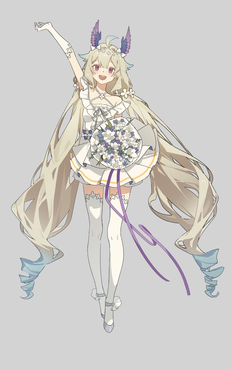 1girl solo dress flower thighhighs long hair bouquet  illustration images