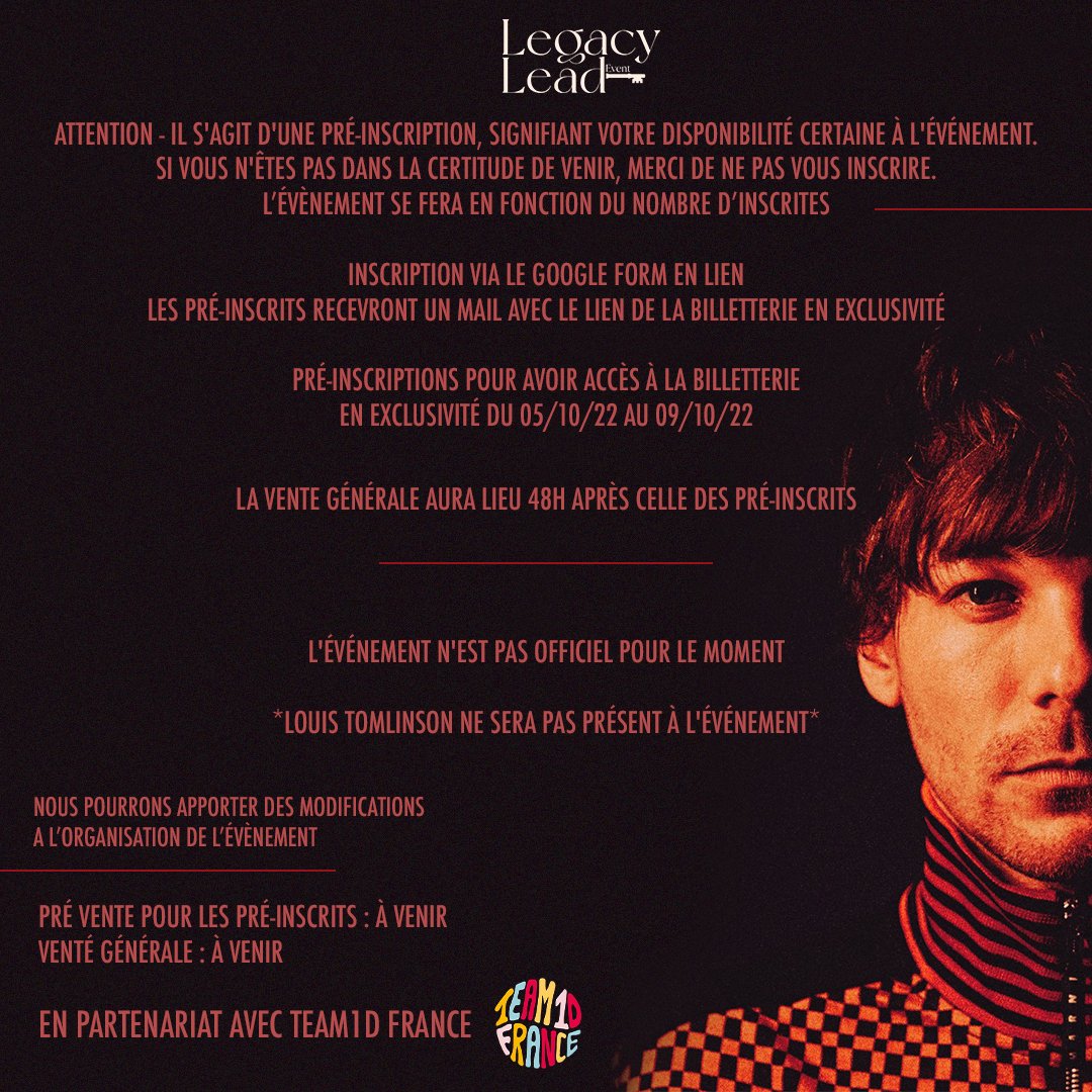 LegacyLeadEvent's tweet image. 🎧En partenariat avec @Team1DFrance,une listening party sera organisée à l'occasion de la sortie de l'album "Faith In The Future" de @Louis_Tomlinson 
Une pré-inscription est obligatoire pour tous ceux.celles qui souhaitent venir
👉 INFOS ET INSCRIPTIONS :
docs.google.com/forms/d/e/1FAI…