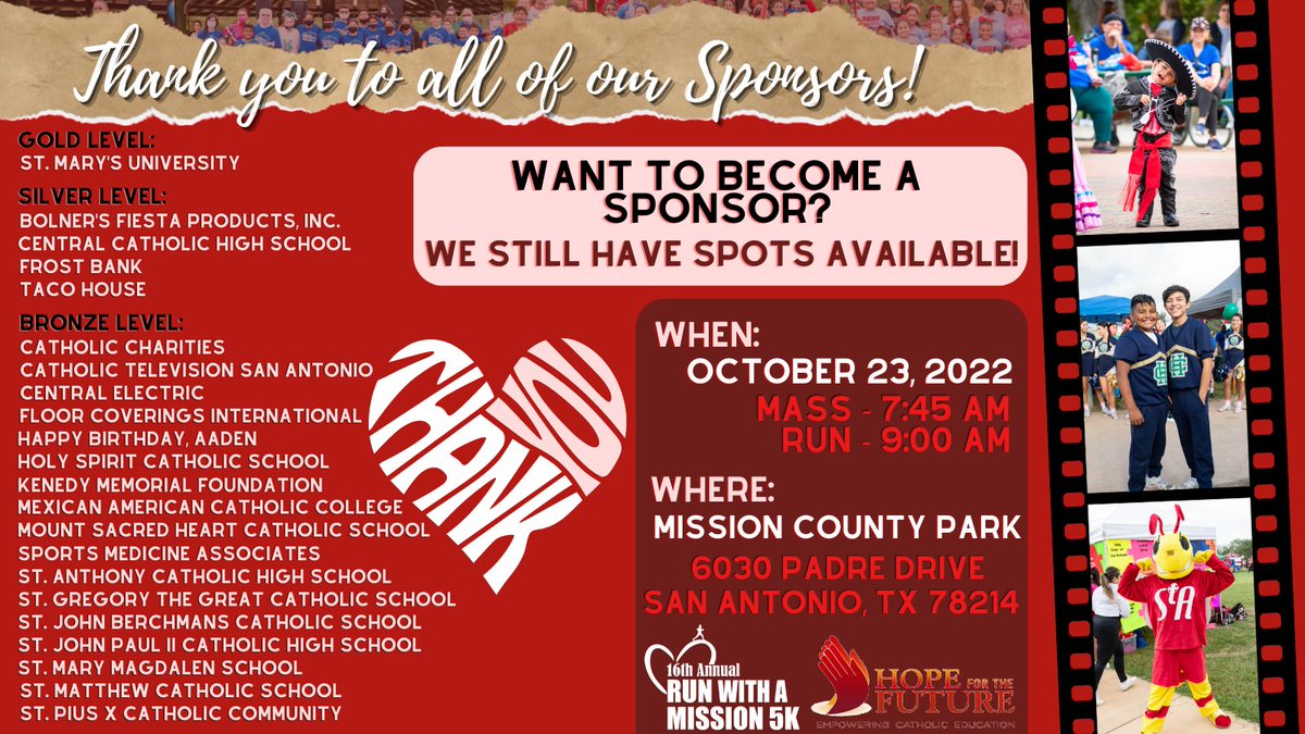 HopeforFutureSA's tweet photo. Thank you to all our amazing sponsors for our upcoming 5K! We are so grateful for you! If you feel called to become a sponsor, we still have opportunities for you!
Become a sponsor: https://t.co/CnPCf9o0a5
Register: https://t.co/gYErb1ZAfX
#putyourheartintohope #runwithamission https://t.co/oaQ2zTsEmG