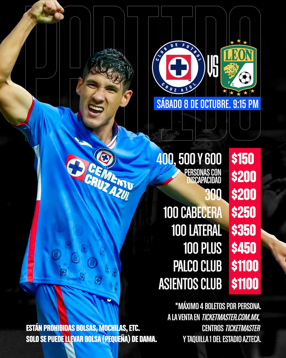 CruzAzul's tweet photo. SALIERON LOS BOLETOS PARA EL SÁBADO 🎟

Disponibles hoy en @Ticketmaster_Me ⬇️

👨🏻‍💻 https://t.co/NlE9uFXy7E

*Estarán a la venta en la taquilla 1 del @EstadioAzteca a partir del jueves 6 de octubre. 

#AzulDePorVida https://t.co/apErEODQtW