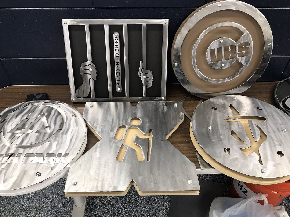 C_GEngineering's tweet image. Check out these CNC 1 student designed and manufactured tiered signs! Modeled in @adskFusion360 plasma cut on @Torchmate, routered  on @ShopBotTools, stand offs printed on @makergear.
