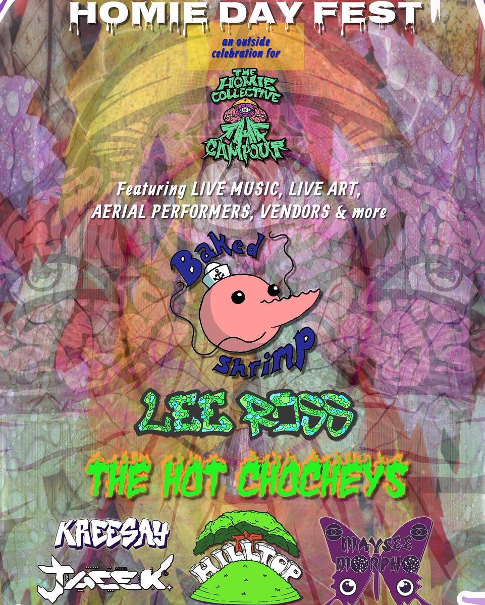 SUNDAY FUNDAY 10.9.22
(Jam Bands, eccentric edm)  
$10 | 1pm | Vendors | Food Trucks

Baked Shrimp
Lee Ross
The Hot Chockeys
Hilltop
Kreesay 
Maysee Morpho