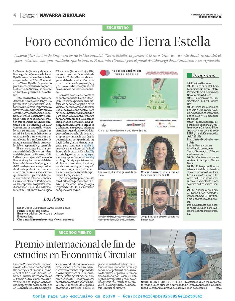 LASEME . (Asociación de Empresarios de la Merindad de Tierra Estella) organiza el 18 de octubre este evento donde se pondrá el foco en las nuevas oportunidades que brinda la #EconomíaCircular y en el papel de liderazgo de la Comarca en su expansión.

¿Estaremos presentes?Claro!