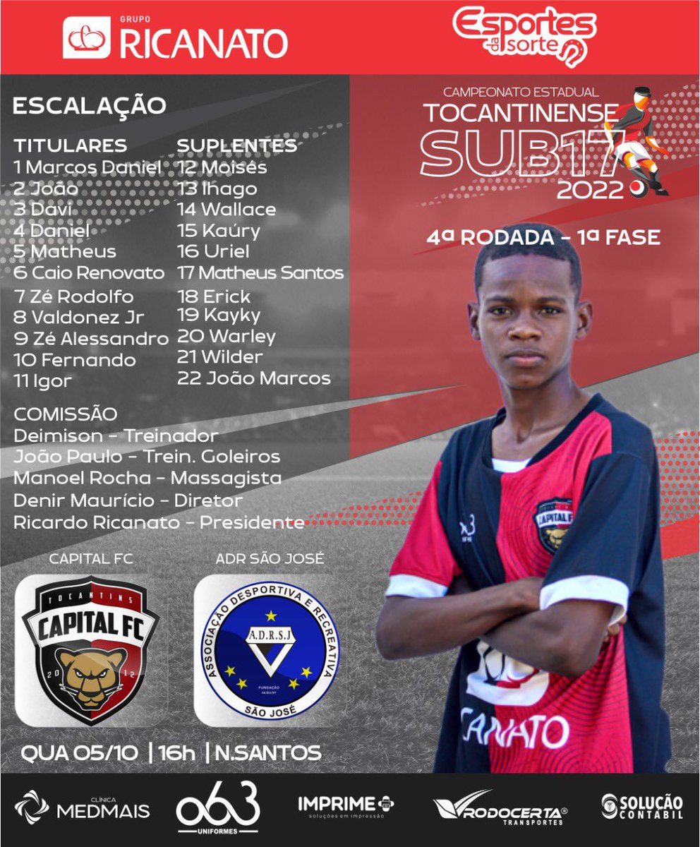 Hoje o Rubro Negro vai a campo pela última rodada da 1a Fase do Estadual Sub17.

O Capital é líder do grupo com 3 vitórias em 3 jogos e enfrenta a equipe do São José em busca dos 100% de aproveitamento e a liderança do grupo.

⚽️ Capital x São José
📅 05/10/22
⏱️ 16h
🏟️ N. Santos
