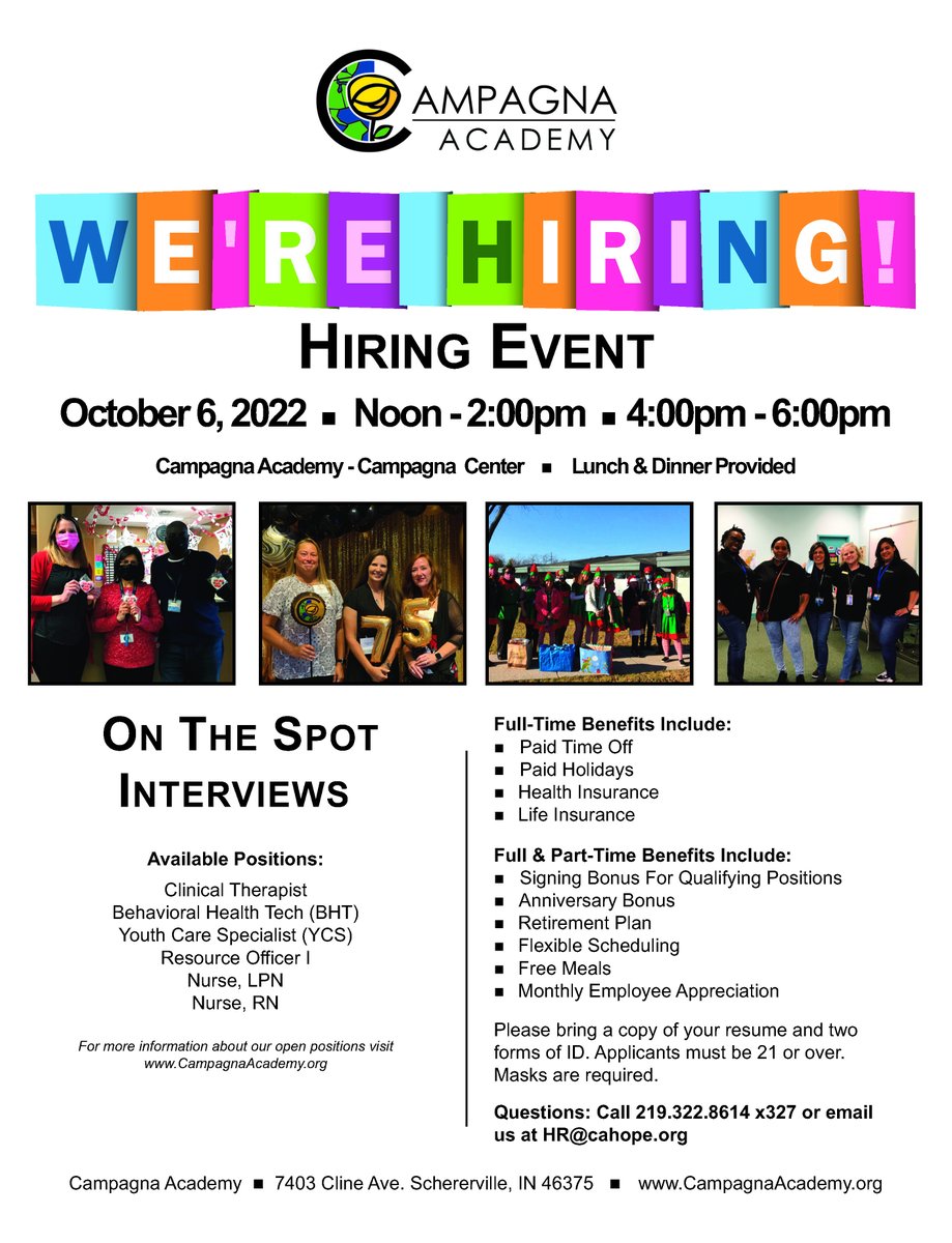 CampagnaAcademy's tweet photo. Hiring Event - 10/6 Noon-2pm &amp; 4-6pm. Come see us. We have several positions to fill! #NowHiring https://t.co/omqLHdqUes
