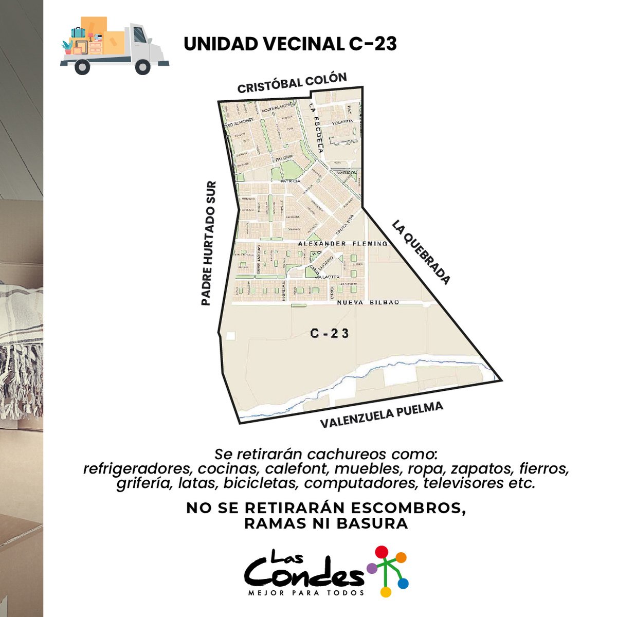 👀 ¡Atención vecinos de la UV C-23! Este sábado 8/10, entre 8 y 16 horas, recogeremos lo que ya no ocupen en su hogar. 🚛🚍 
¡RECUERDEN DEJAR LAS COSAS FUERA DEL DOMICILIO ANTES DEL MEDIODÍA! ⏰
Más info 👉 bit.ly/325Ecbw 
#LasCondesTeCuida #LasCondesVerde
<a href="/LC_aseo/">Dirección de Aseo</a>