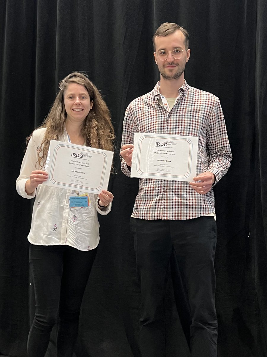 IRDG_tweets's tweet image. Huge congratulations to @_michellebailey (2020) and @MatthewEBerry (2021) on being (finally!) awarded the Chalmers and Dent award at @FACSSnetworking #SciX2022. Excellent science, brilliant talks 👏🥳