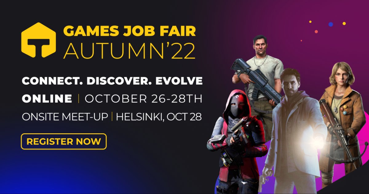 Connect, Discover, and Evolve at @GF_talents' #GamesJobFair Autumn 2022!

Highlights include:
- #Gamedev jobs
- Talks, panels, review sessions
- Programming & art challenges
- Networking with studios
- Day-3 Helsinki meet-up

https://t.co/KBRBauhczR https://t.co/BuhdVEqfxP