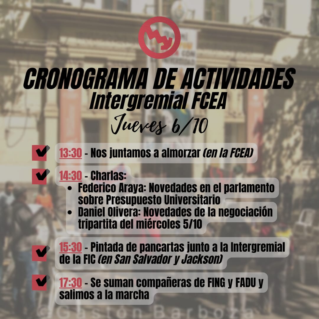 🗓 MAÑANA 6/10: Cronograma de Actividades

Acercate a defender la educación pública y seguir construyendo nuestra universidad.

Que no te dé lo mismo