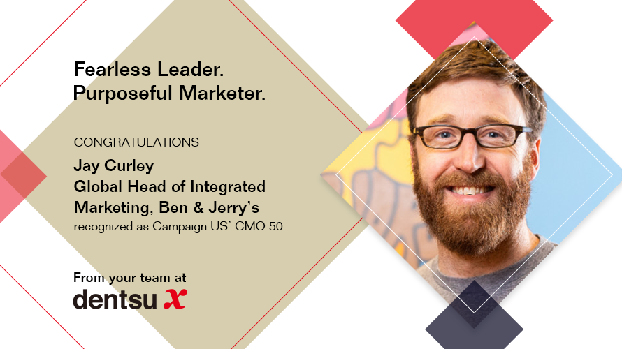 dentsuX_USA's tweet photo. Building an honest, legendary brand loved by many is no easy feat but Jay has helped @benandjerrys set the bar high.
Congratulations @jaycurley on being one of Campaign US #CMO50 Honorees, joining a group of elite marketers setting the bar for the industry. https://t.co/dubQWxWw9b