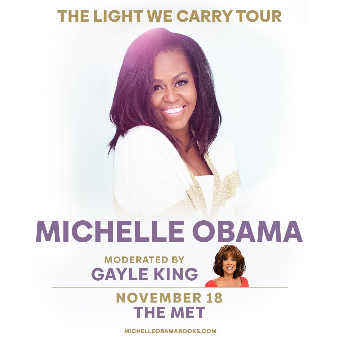 I can't wait to join our forever First Lady @MichelleObama on her #TheLightWeCarry Tour in Philadelphia on November 18. Grab your ticket at michelleobamabooks.com. I’ll see you there! 📚