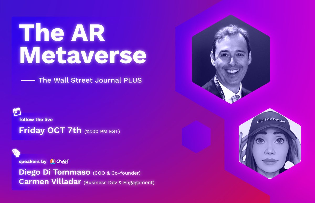 OVRtheReality's tweet photo. Let's talk about the AR Metaverse!🎉
Make sure to set a reminder for the @WSJPlus Twitter Space, this Friday, Oct. 7 @ 12 pm EST.💥
@OVRtheReality's @diego_DDT_ and @digitalfemme will be joining the panel.🥳
Reminder Link⬇️
https://t.co/HHEylxq1He
#wsjplus #comeonOVER #Web3 https://t.co/ksiCcBVaj0