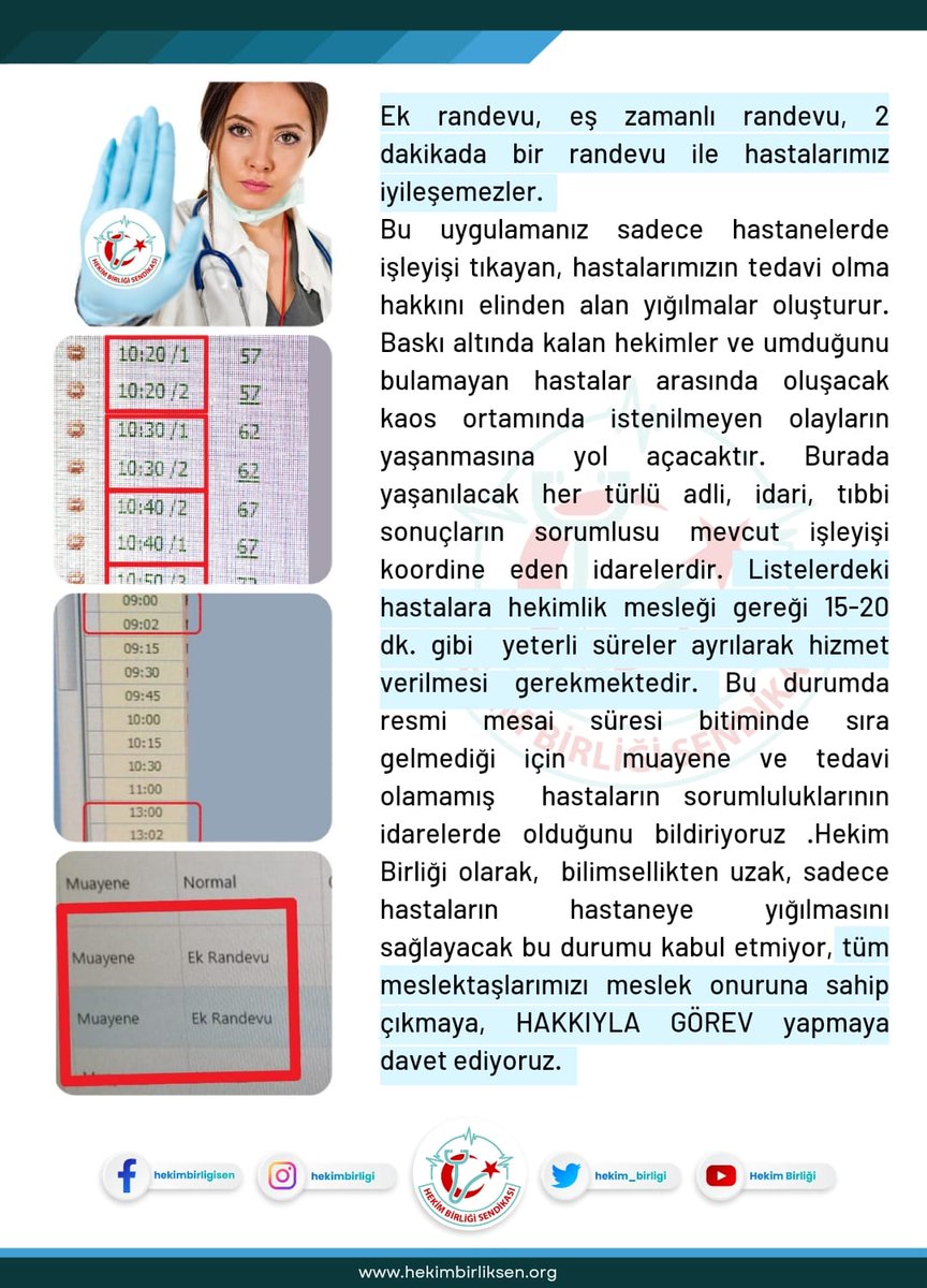 hekim_birligi's tweet photo. “Eş zamanlı/Ek randevu/2 dk aralıkla randevu”
Bu SÖZDE randevu sistemiyle hastanelerde sadece KAOS olur
Hizmet sunumu OLAMAZ❌
Hakkıyla Görev yapılamaz❌
Hastalara 15-20 dk yeterli zaman diliminde hizmet sunumunu planlayan  cetveller oluşturun
Popülist politikalardan vaz geçin! https://t.co/uz4wJwQuaa
