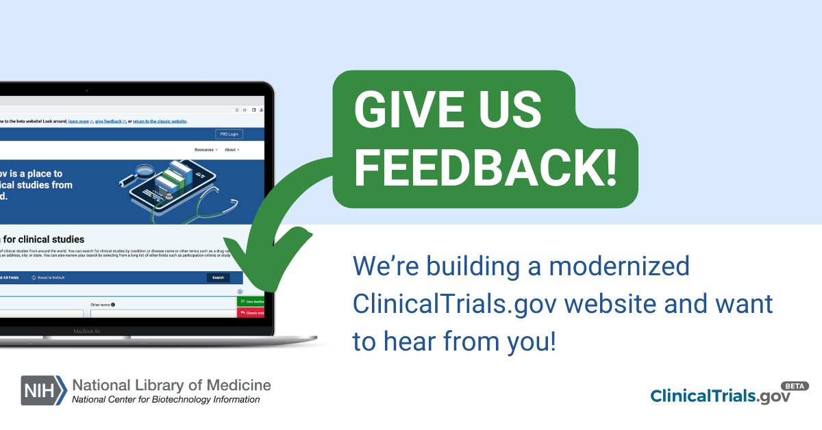 #DYK: We’re building a modernized ClinicalTrials.gov. 🔍💻See what’s new at beta.clinicaltrials.gov and share your thoughts with us. #ClinicalTrialsModernization #ClinicalTrials