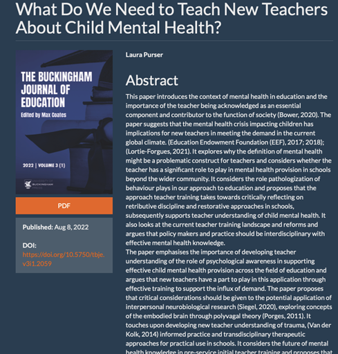 RESEARCH NEWS – An article exploring the research literature around mental health and teacher training by <a href="/laurapurser1/">Laura Purser</a> (Lecturer in Education, <a href="/UniofReading/">Uni of Reading</a>) has recently been published: research.reading.ac.uk/education/2022…