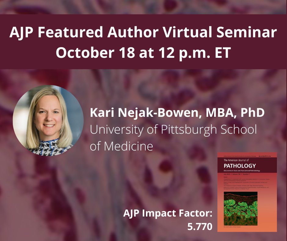 American Society for Investigative Pathology (@asipath) on Twitter photo Just announced! The next <a href="/AJPathology/">The American Journal of Pathology</a> Featured Author Seminar will be on 10/18 at 12 p.m. ET with Dr. Kari Nejak-Bowen from the <a href="/PittTweet/">University of Pittsburgh</a> School of Medicine discussing Wnt/β-Catenin in Hepatic Perivenous Zonation. Register here bit.ly/3RD5C0Q #ASIPvirtual Just announced! The next <a href="/AJPathology/">The American Journal of Pathology</a> Featured Author Seminar will be on 10/18 at 12 p.m. ET with Dr. Kari Nejak-Bowen from the <a href="/PittTweet/">University of Pittsburgh</a> School of Medicine discussing Wnt/β-Catenin in Hepatic Perivenous Zonation. Register here bit.ly/3RD5C0Q #ASIPvirtual