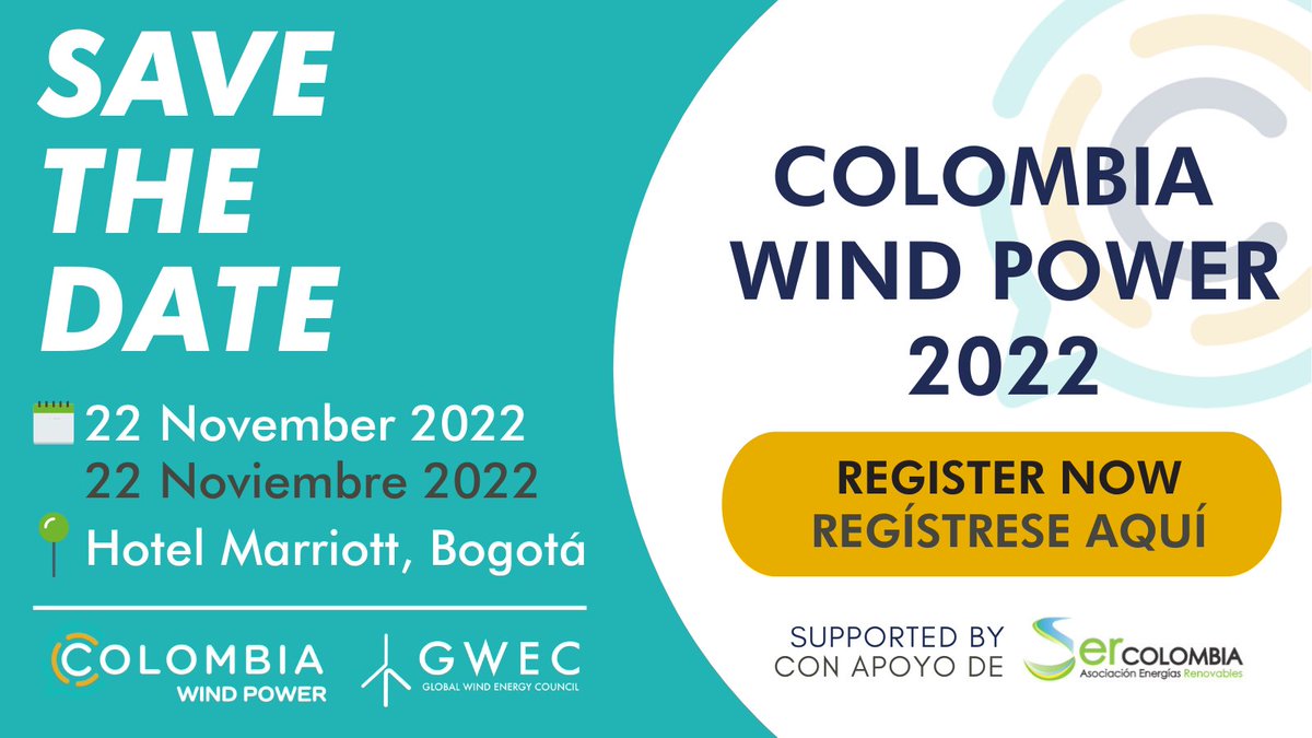 GWECGlobalWind's tweet photo. 📅#SAVETHEDATE - Colombia Wind Power: 22 November, Bogota, Colombia
Register interest as an attendee, speaker or sponsor here: https://t.co/xDECTuPH2B
More info: https://t.co/k0zL8xSaKe
#ColombiaWindPower #CWP #Renewables #Onshore #Offshore https://t.co/q984QWURnA