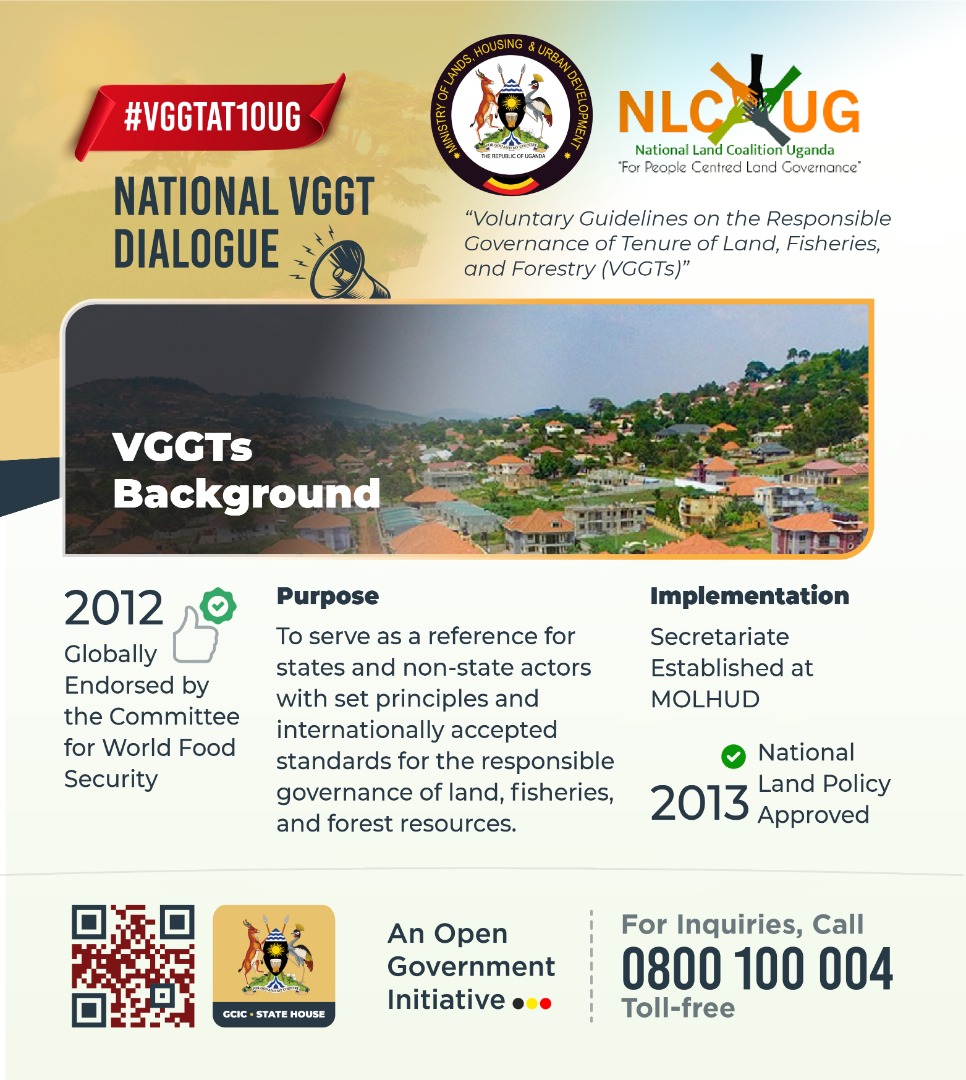 ᴠɢɢᴛꜱ ʙᴀᴄᴋɢʀᴏᴜɴᴅ 

Uganda was among the first countries that embraced  VGGTs. To coordinate implementation <a href="/GovUganda/">Government of Uganda</a> established a Secretariat  <a href="/ministry_lands/">Ministry of Lands,Housing and Urban Development</a>.

#VGGTAt10UG

Cc <a href="/nlcuganda/">nlcuganda</a> <a href="/GovUganda/">Government of Uganda</a> <a href="/GouInfrastruct/">GCIC_Infrastructure</a> 
 <a href="/landnetug/">LANDnet Uganda</a> <a href="/ILCAfrique/">ILCAfrica</a> <a href="/UCOBAC_/">UCOBAC</a> <a href="/FAOUganda/">FAO in Uganda</a>