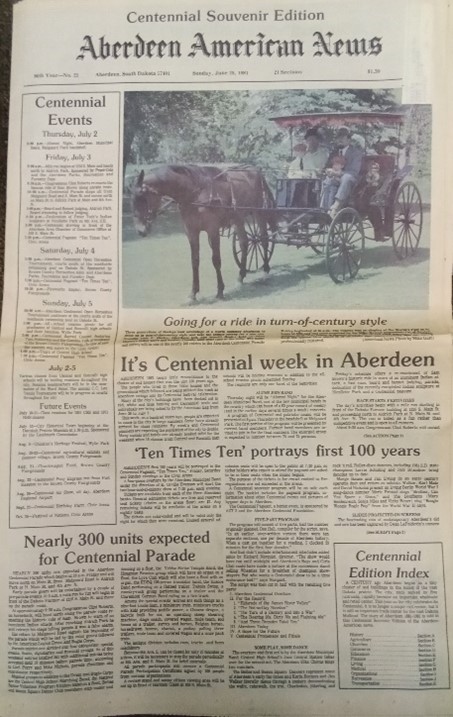 DacotahPrairie's tweet photo. We also have the AAN editions covering Aberdeenโs major anniversaries. Pictured here is the front page of the 1981 centennial issue. 300 units for the Centennial parade?! Expect about 160 for the #GypsyDays parade on Saturday. #SDArchivesMonth #AberdeenSD #ArchivesMonth https://t.co/UQnhWcEgDf