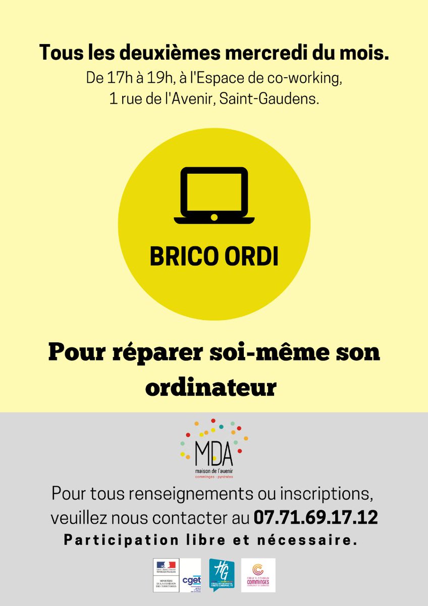 📣 Mercredi prochain, retrouvez l’atelier #bricoordi
💻 N'hésitez pas à vous inscrire pour #apprendre à diagnostiquer les pannes de vos PC défectueux et les réparer vous-même. 🩺
Rdv le 12/10 de 17h à 19h à l’espace de Co-working de la MDA.
Infos et inscription au 07 71 69 17 12